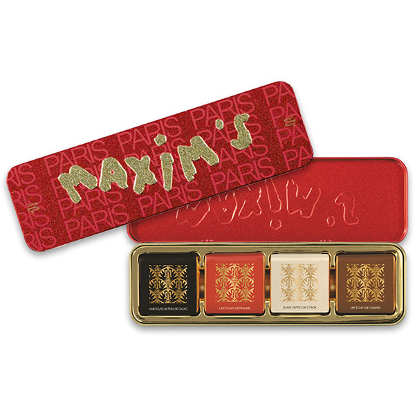 32g Maxims Pencil Tin Red Gold w. Choc Squares Asstd